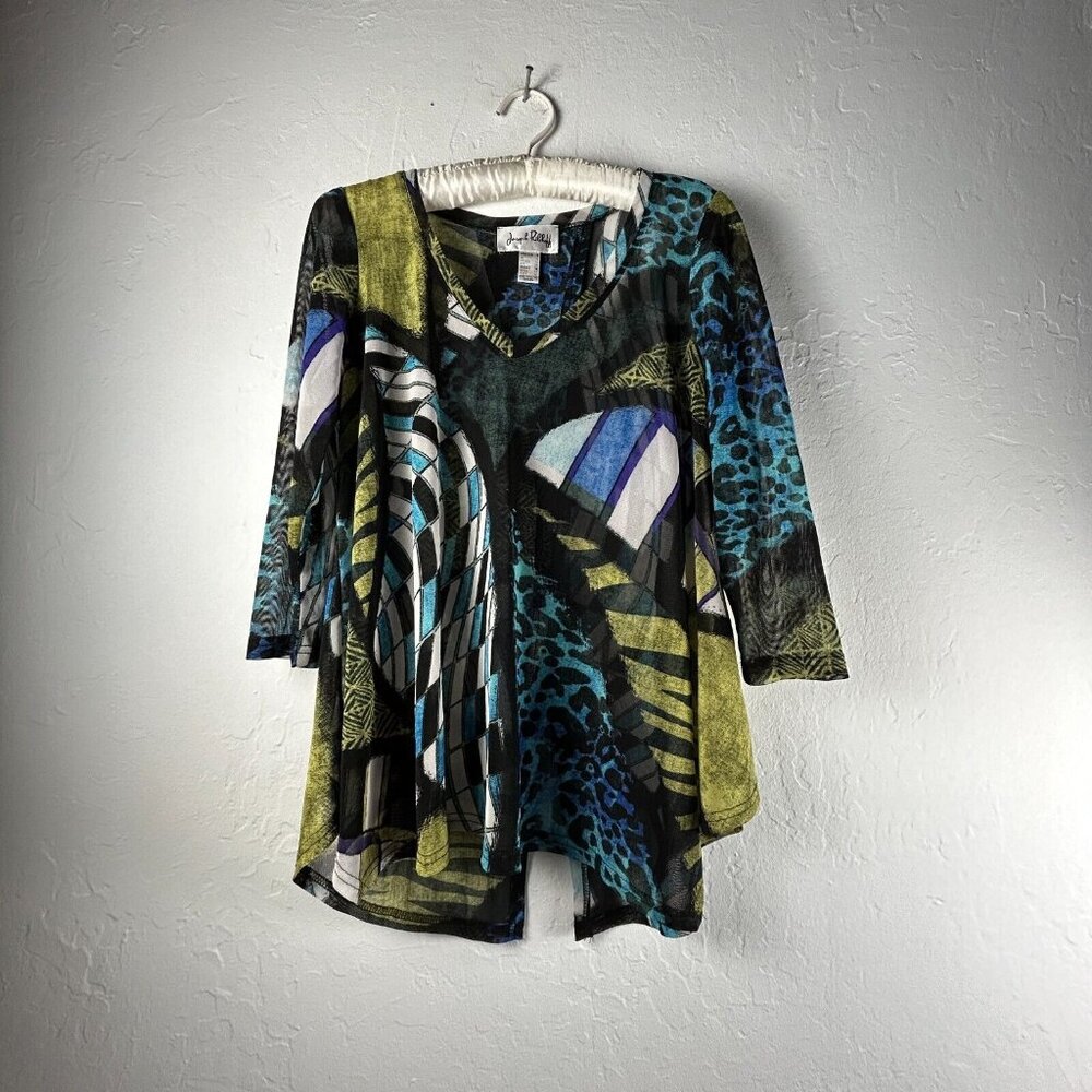 Joseph Ribkoff Women Abstract Print Asymmetric Tunic Top Size 8 Multi 3/4 Sleeve